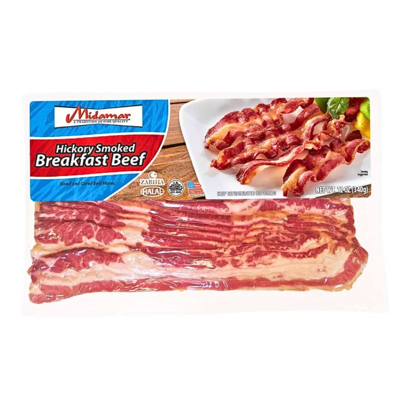 Midamar Halal Hickory Smoked Beef Bacon, 12oz pack, Zabiha Halal-certified with rich, smoky flavor.