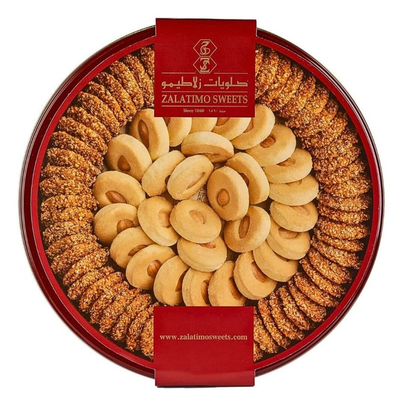 Zalatimo Sweets Sesame and Butter Cookies 0.75 kg Round Tin Can | AlbazaarMarket.com