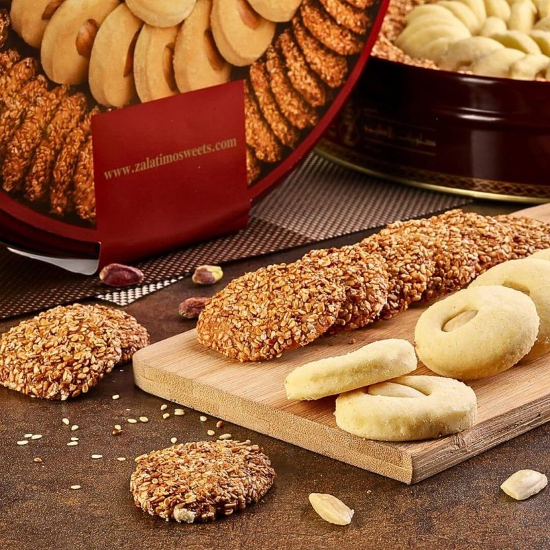 Zalatimo Sweets Sesame and Butter Cookies 0.75 kg Round Tin Can | AlbazaarMarket.com