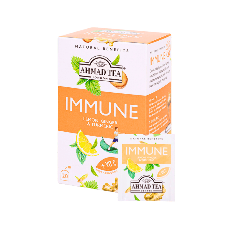 Ahmad Tea Immune box with 20 tea bags featuring a blend of echinacea, elderberry, and ginger, crafted to support immune health.